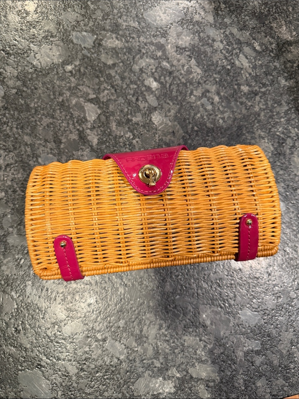 Arden B Wicker Clutch with Pink Trim and Gold Turn-Lock